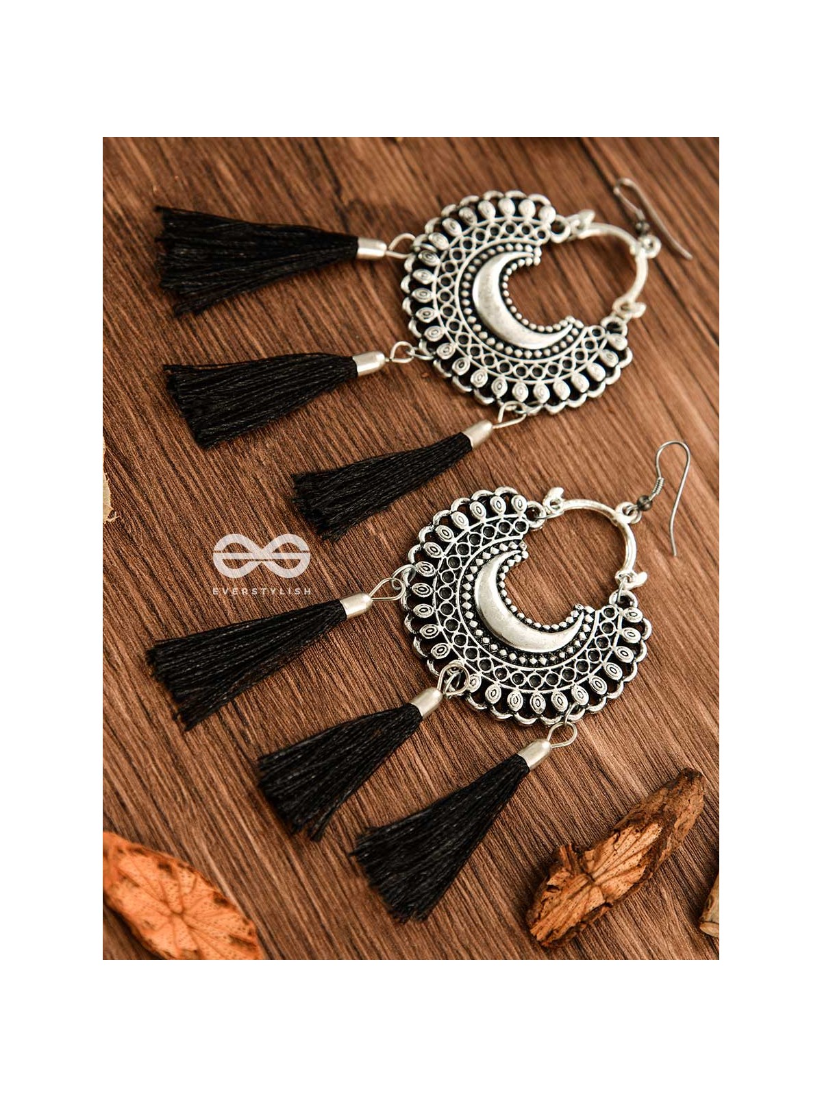 The Motif Moon Tassels (Black) - Oxidised Boho Earrings