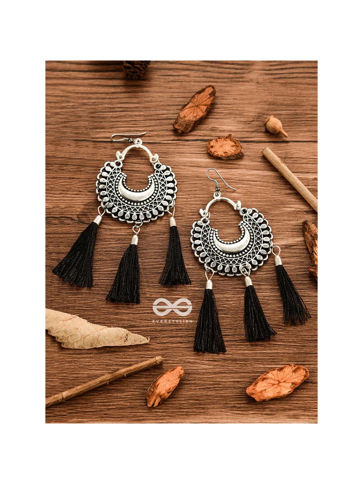 The Motif Moon Tassels (Black) - Oxidised Boho Earrings