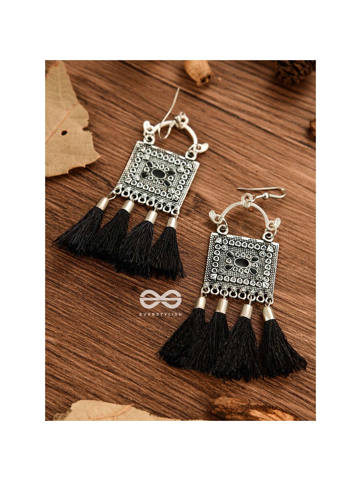 The Embellished Trunk Tassels (Black) - Oxidised Boho Earrings
