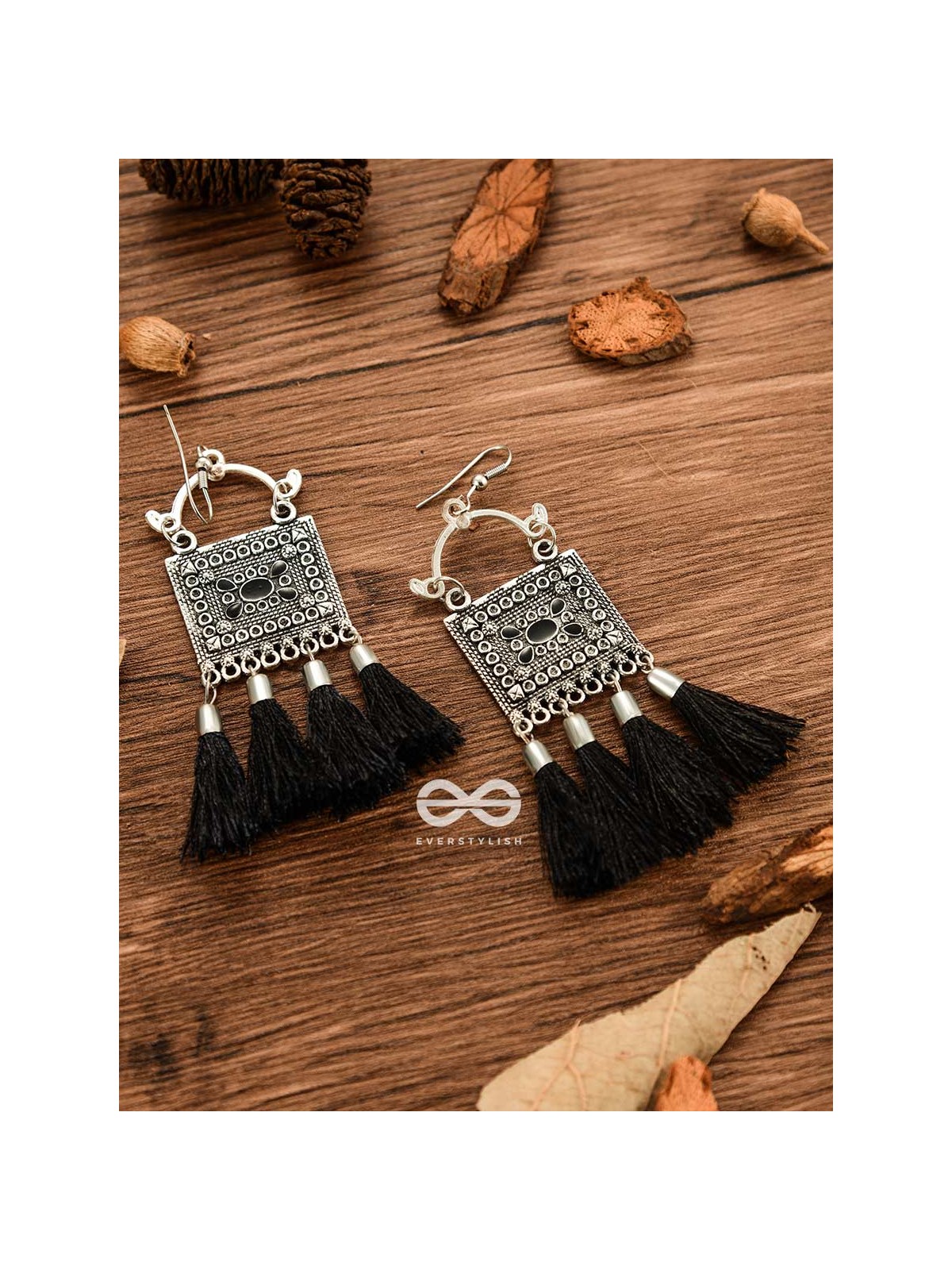 The Embellished Trunk Tassels (Black) - Oxidised Boho Earrings