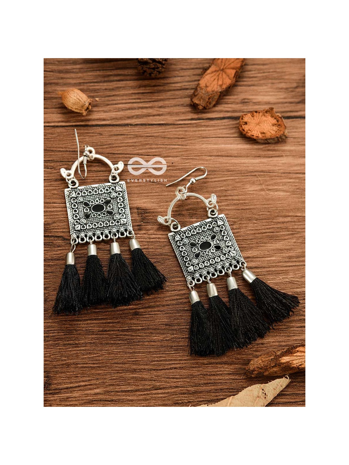 The Embellished Trunk Tassels (Black) - Oxidised Boho Earrings