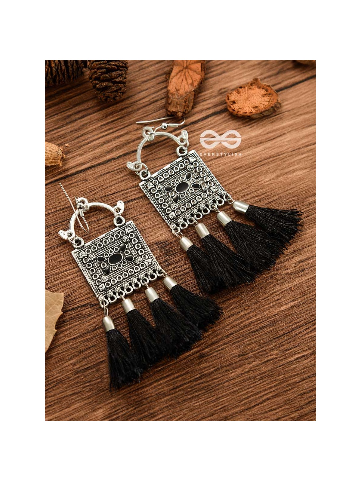 The Embellished Trunk Tassels (Black) - Oxidised Boho Earrings