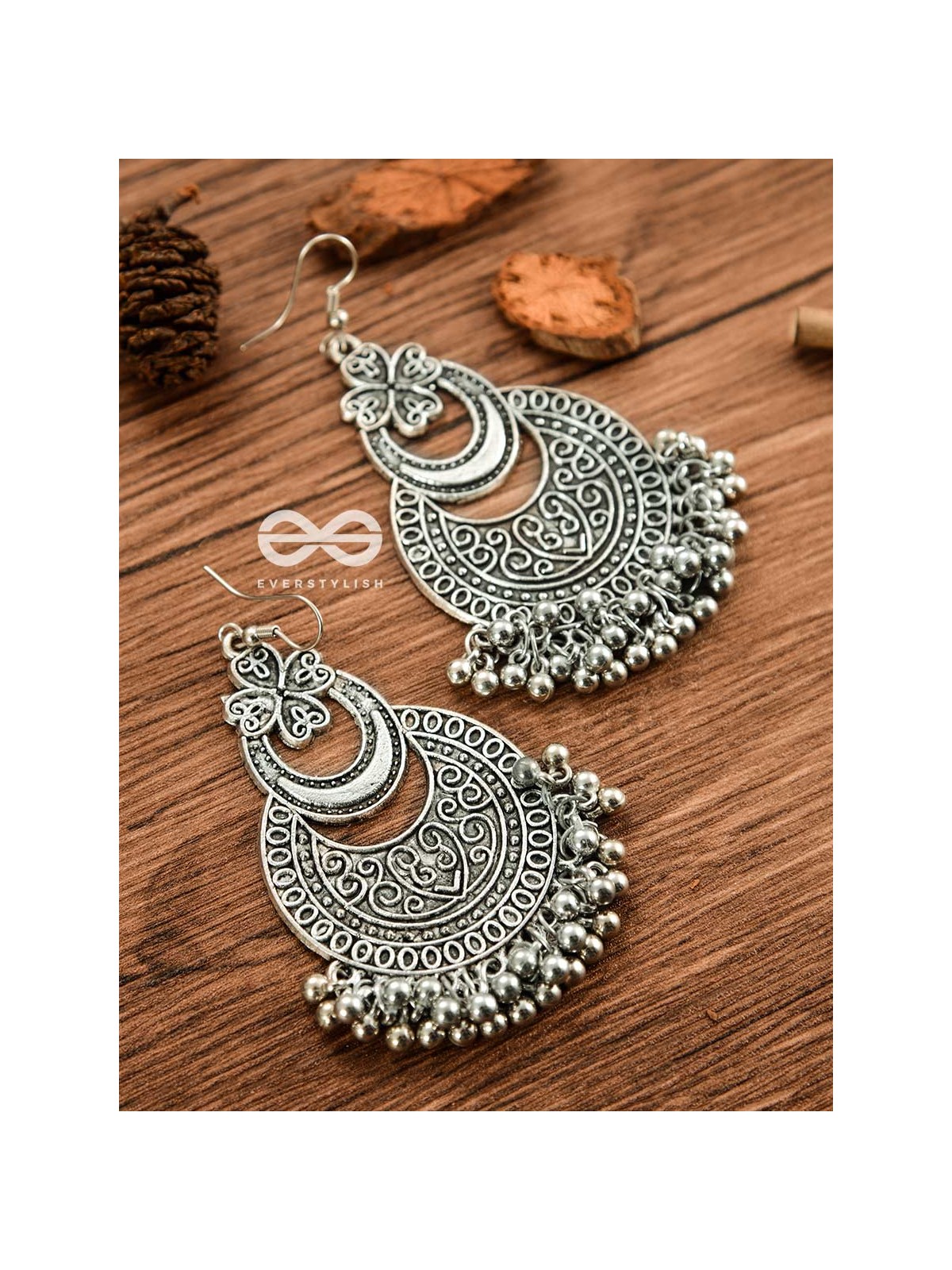 The Layered Vintage Motif Moons - Oxidised Boho Earrings