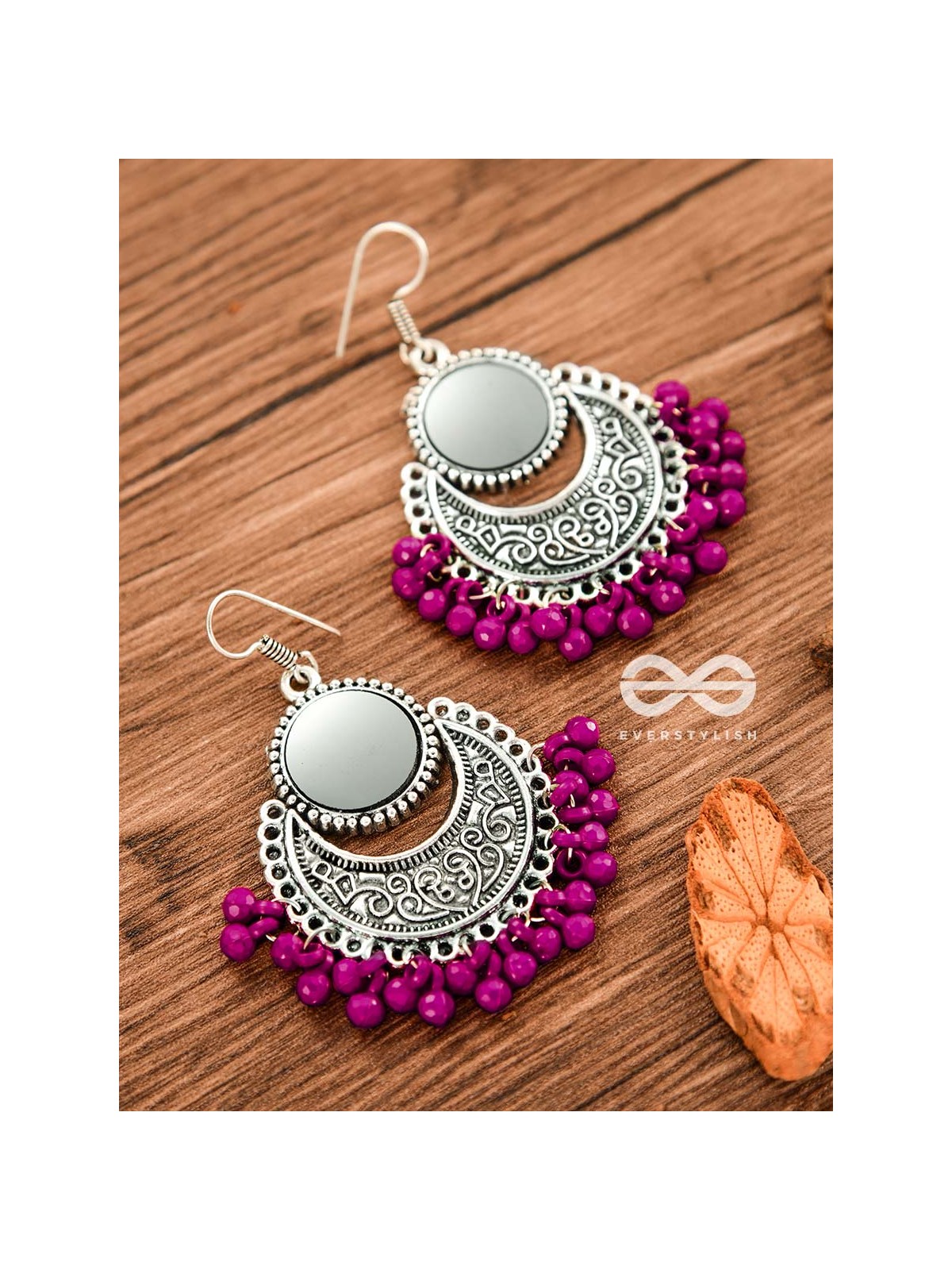 The Mirror Motifs (Pink) - Oxidised Boho Earrings