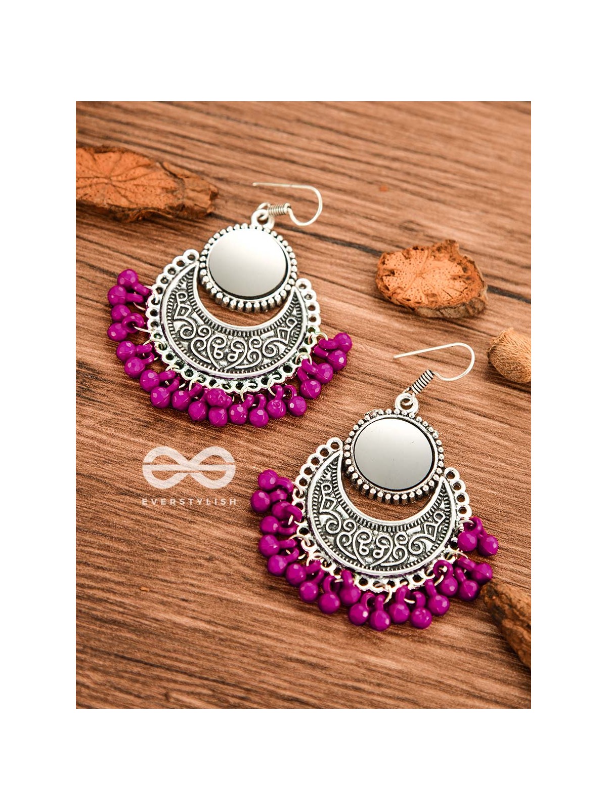 The Mirror Motifs (Pink) - Oxidised Boho Earrings
