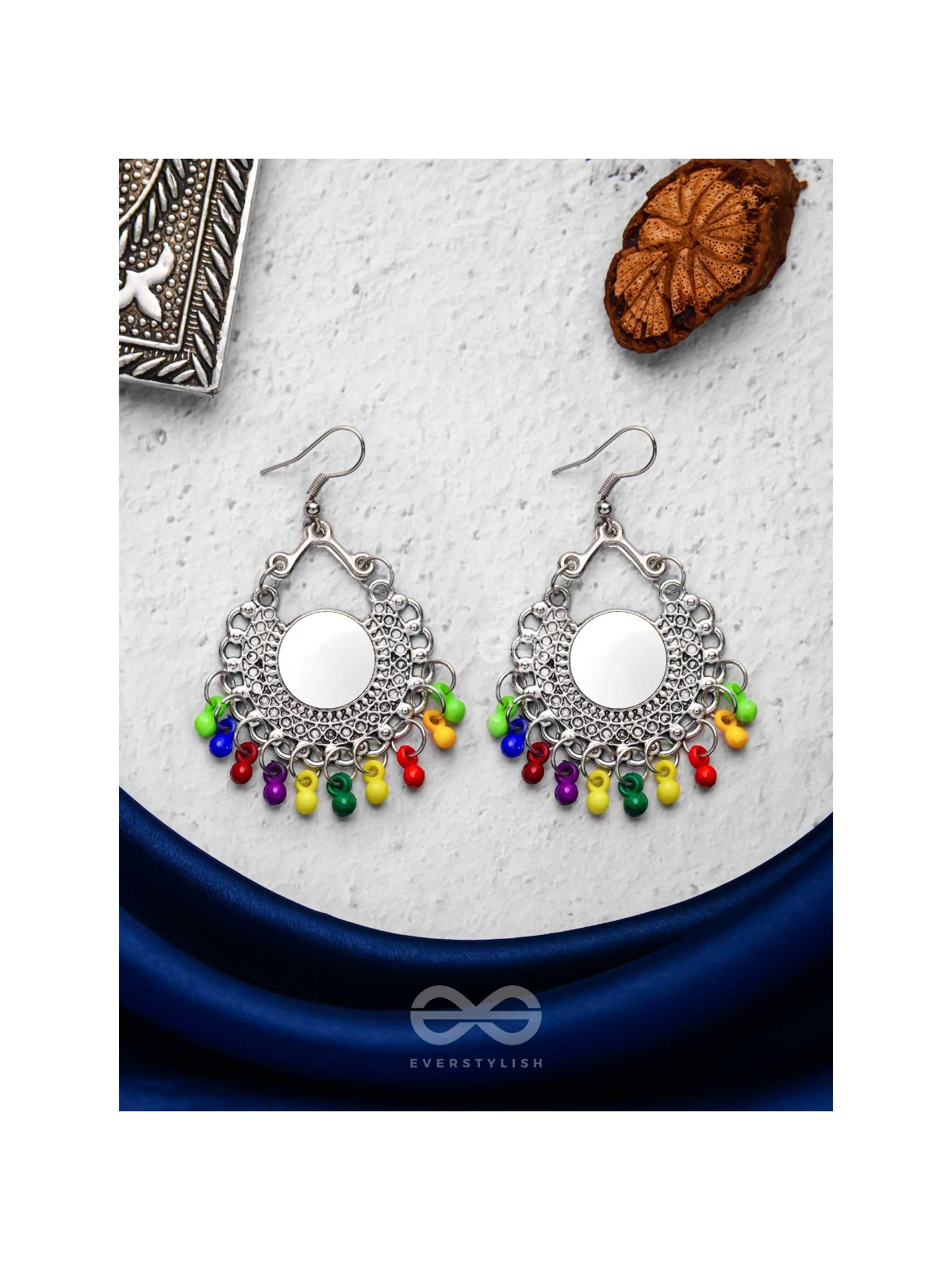 Motif Mirrors on My Ears (Multicoloured) - Oxidised Boho Earrings