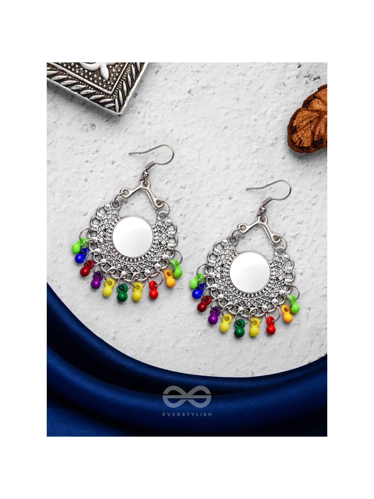 Motif Mirrors on My Ears (Multicoloured) - Oxidised Boho Earrings