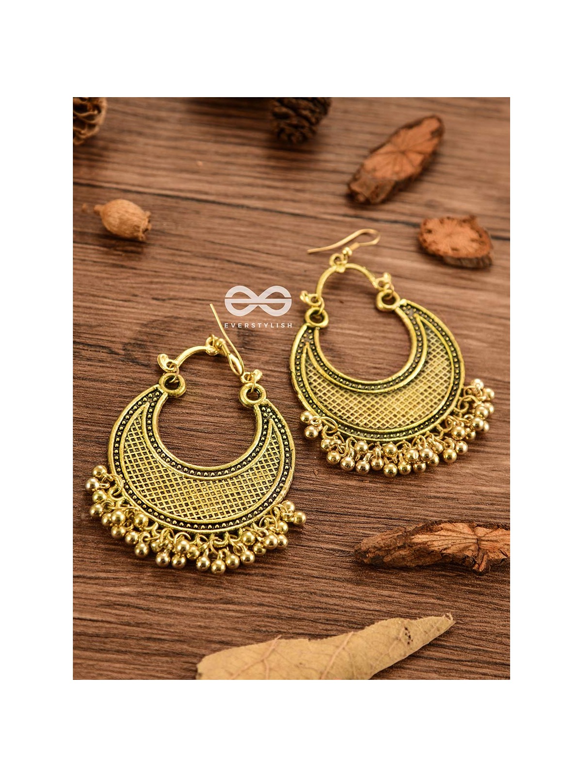 The Meshed Moon (Golden) - Oxidised Boho Earrings
