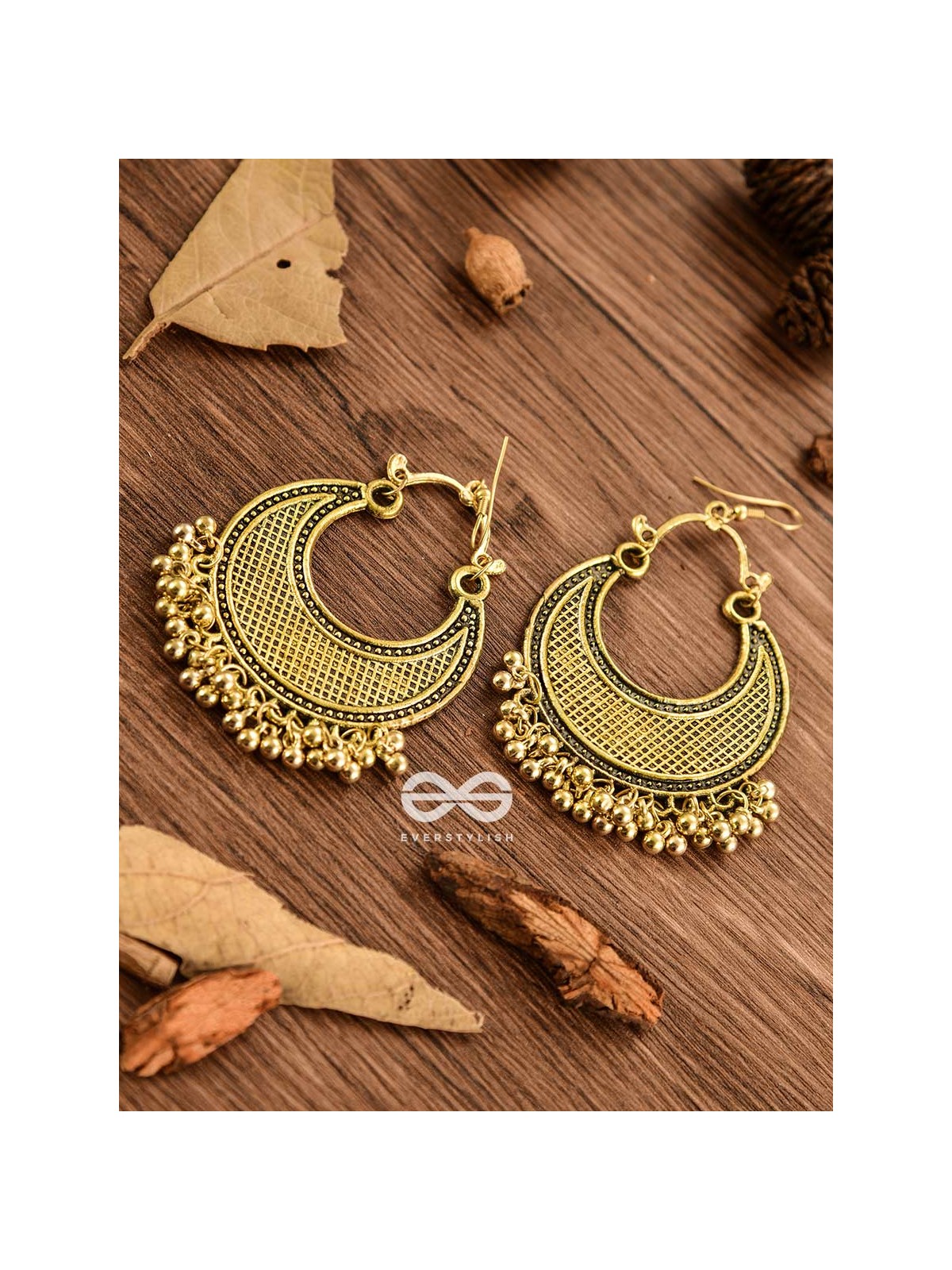 The Meshed Moon (Golden) - Oxidised Boho Earrings