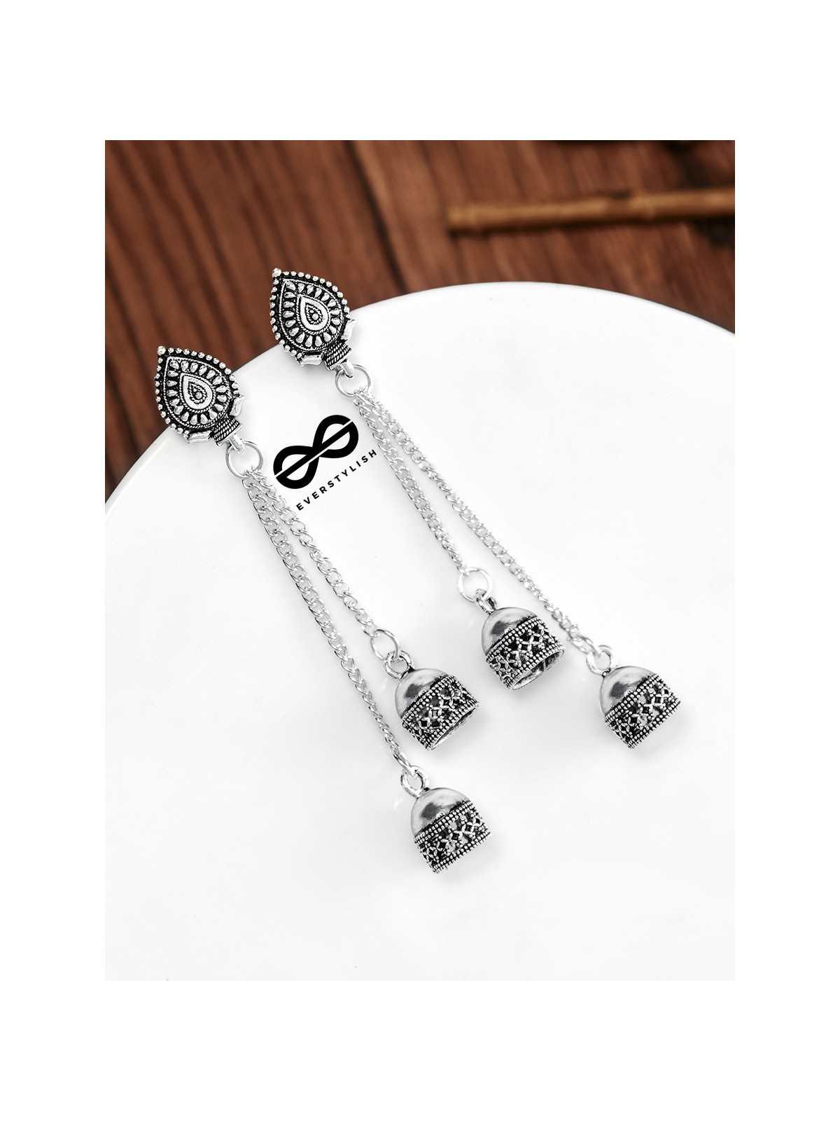 The Double Jhumki Geometric Droplet Danglers - Oxidised Boho Earrings