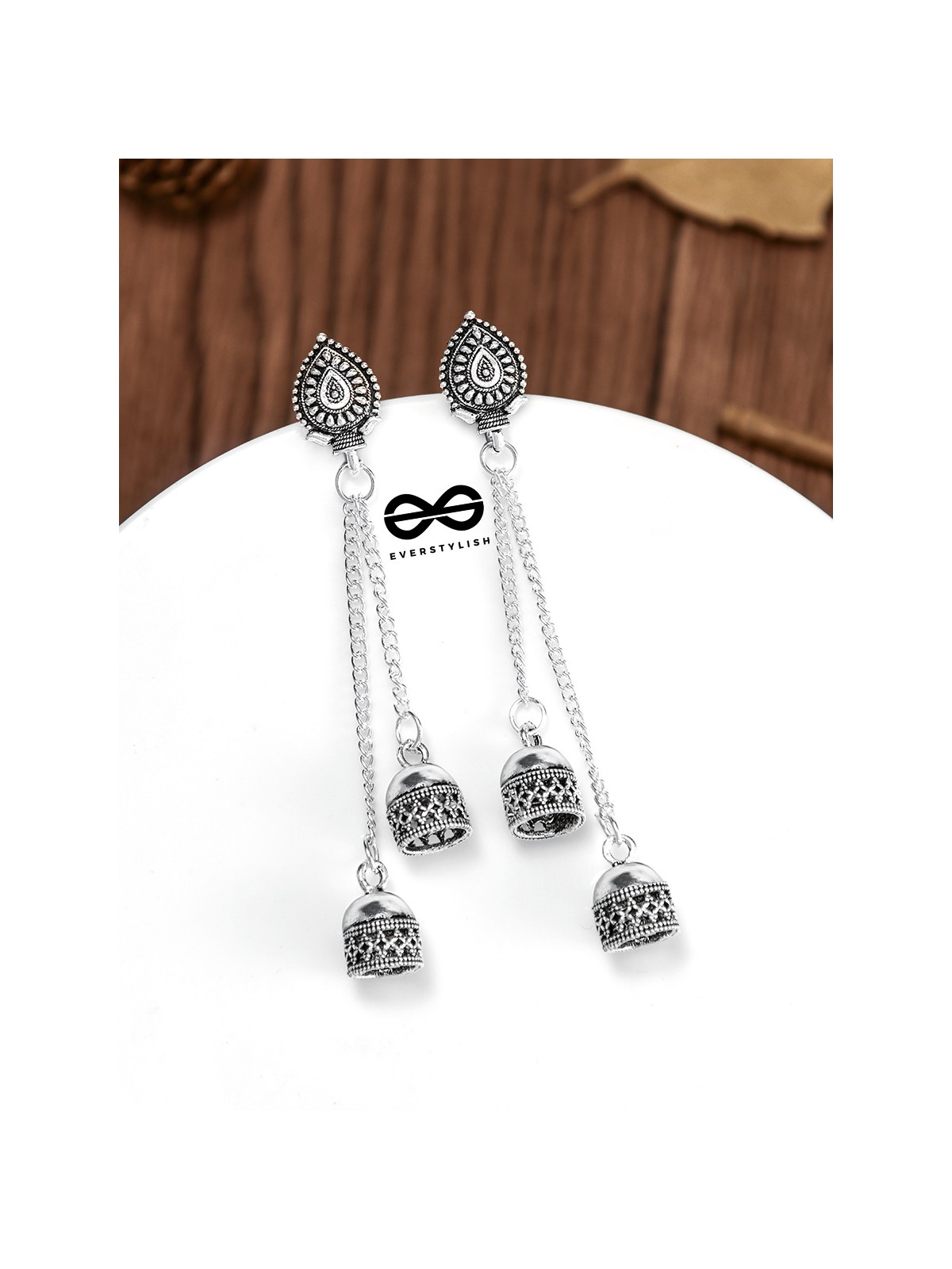 The Double Jhumki Geometric Droplet Danglers - Oxidised Boho Earrings