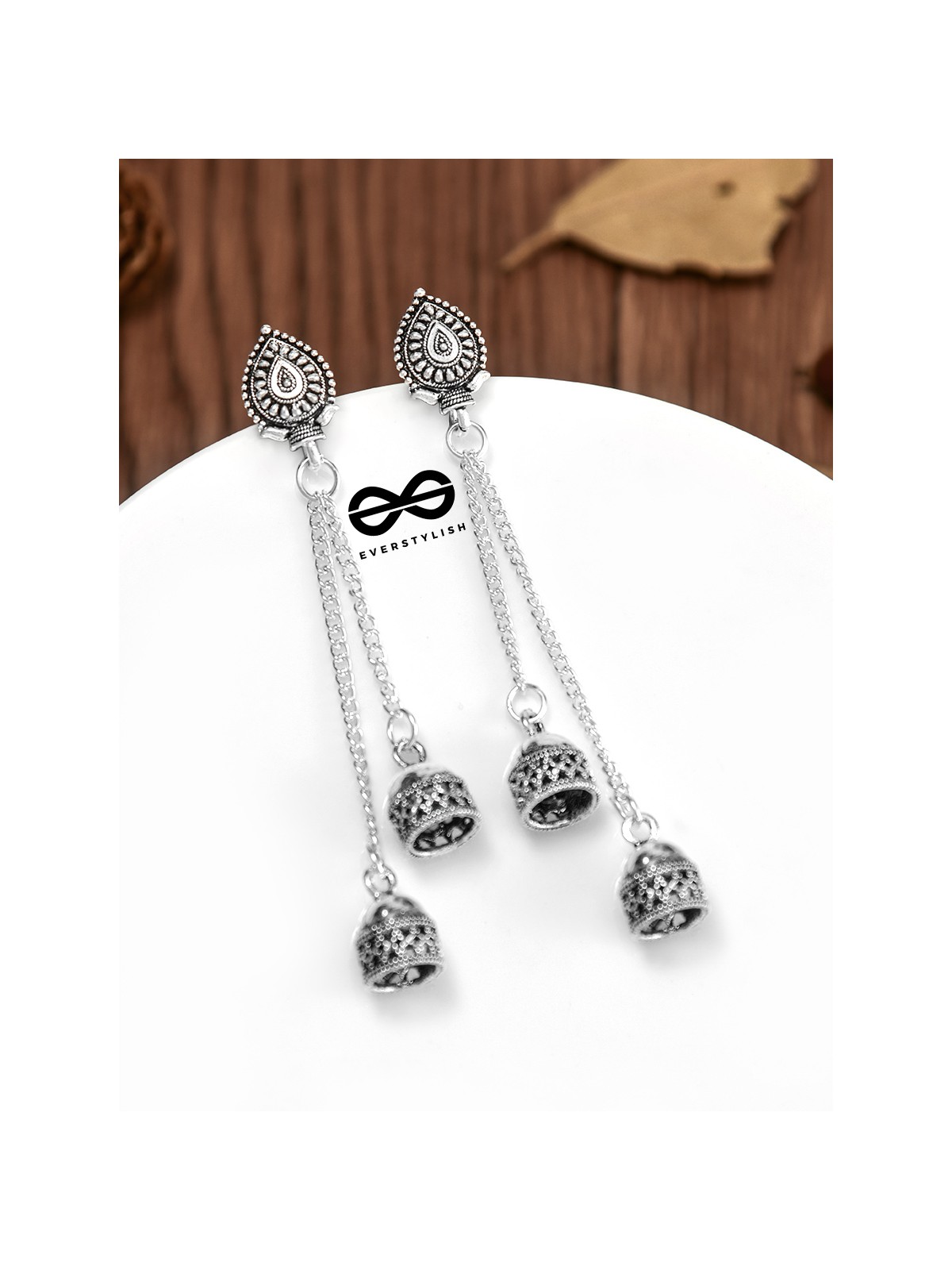 The Double Jhumki Geometric Droplet Danglers - Oxidised Boho Earrings