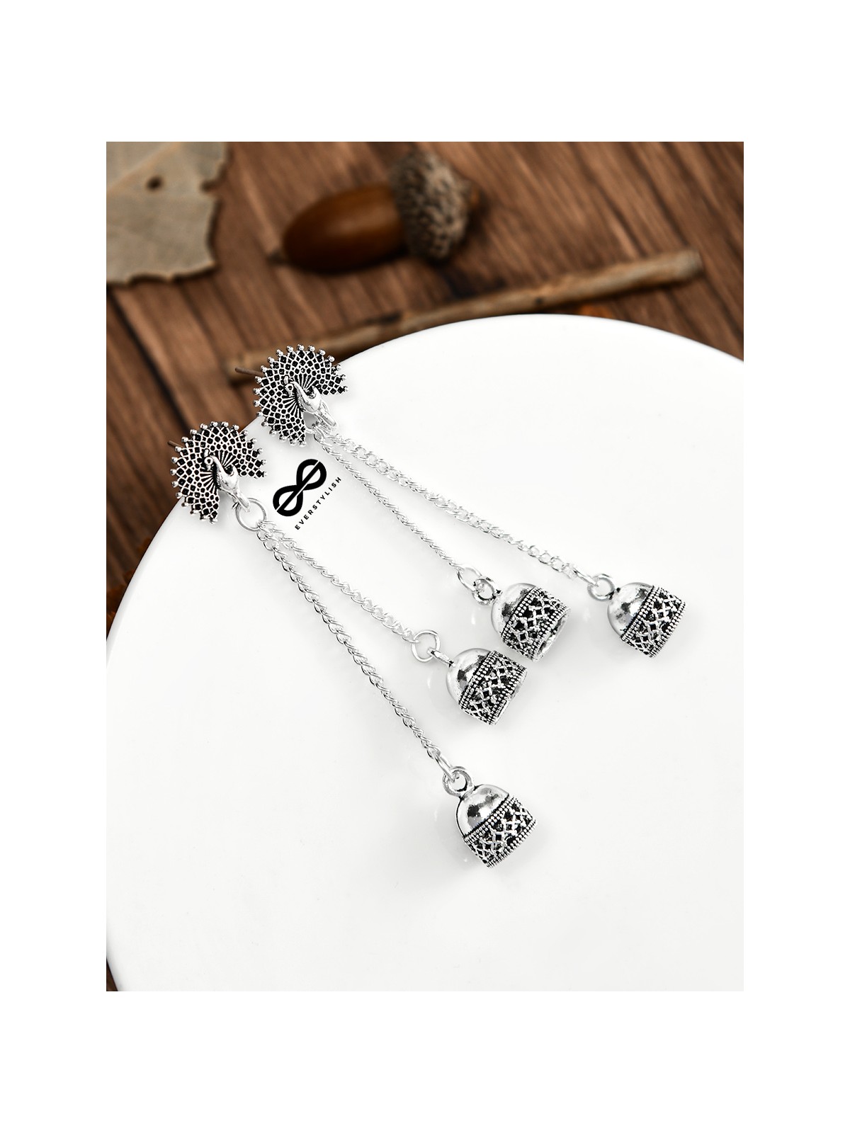 The Double Jhumki Fanning Peacock Danglers - Oxidised Boho Earrings