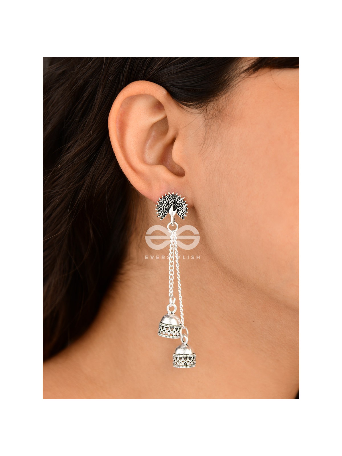 The Double Jhumki Fanning Peacock Danglers - Oxidised Boho Earrings