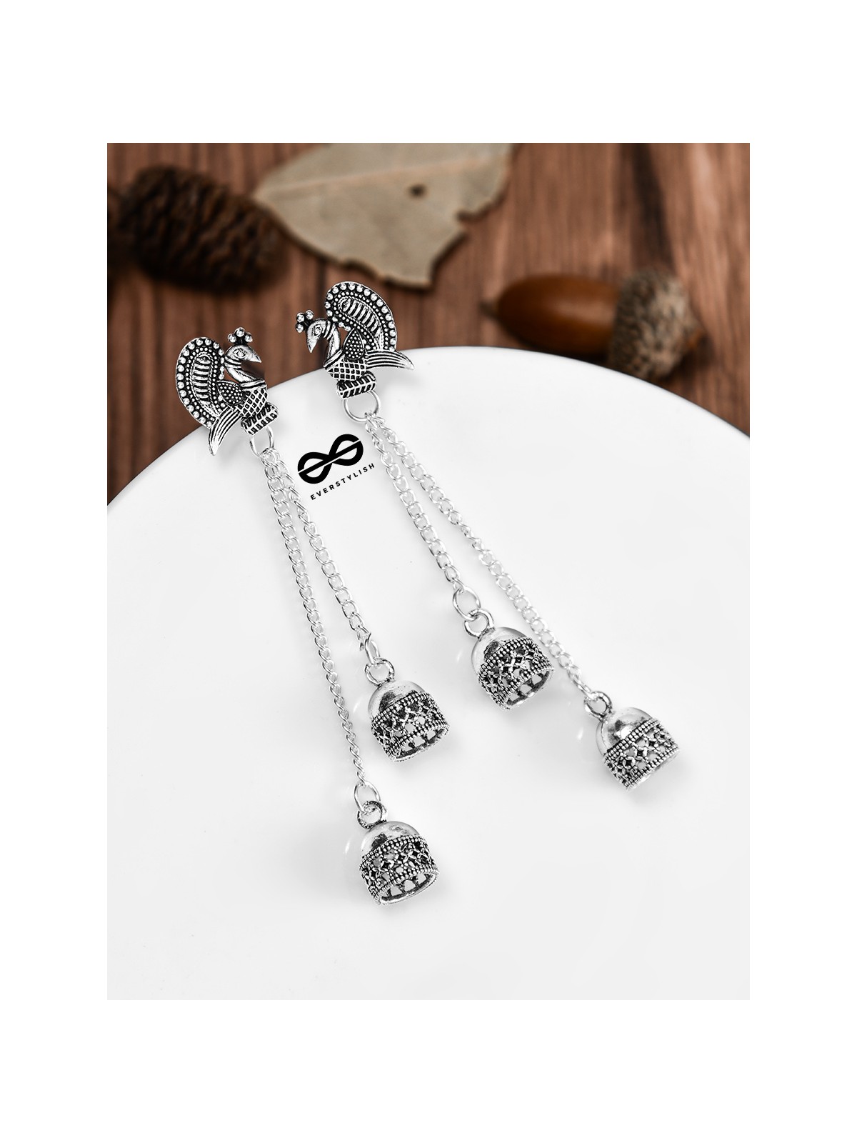 The Double Jhumki Intricate Peacock Danglers - Oxidised Boho Earrings