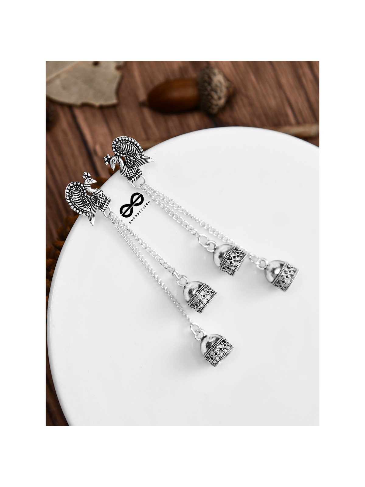 The Double Jhumki Intricate Peacock Danglers - Oxidised Boho Earrings