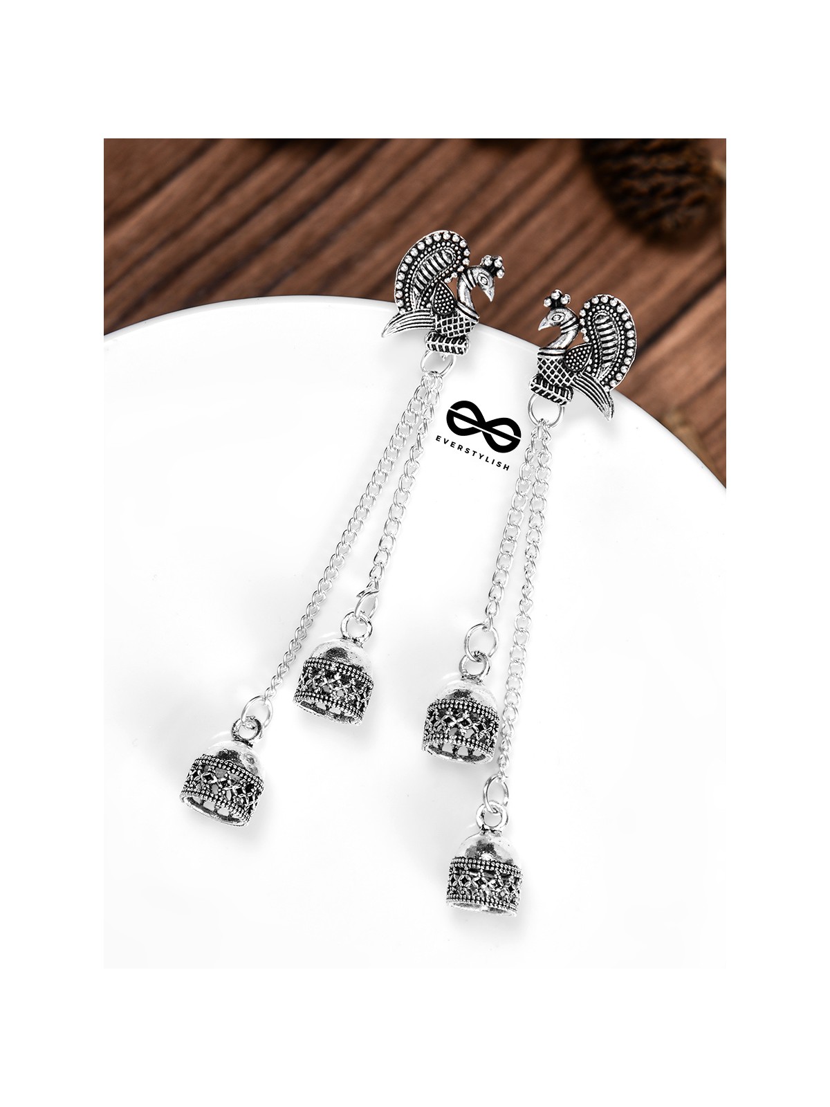 The Double Jhumki Intricate Peacock Danglers - Oxidised Boho Earrings