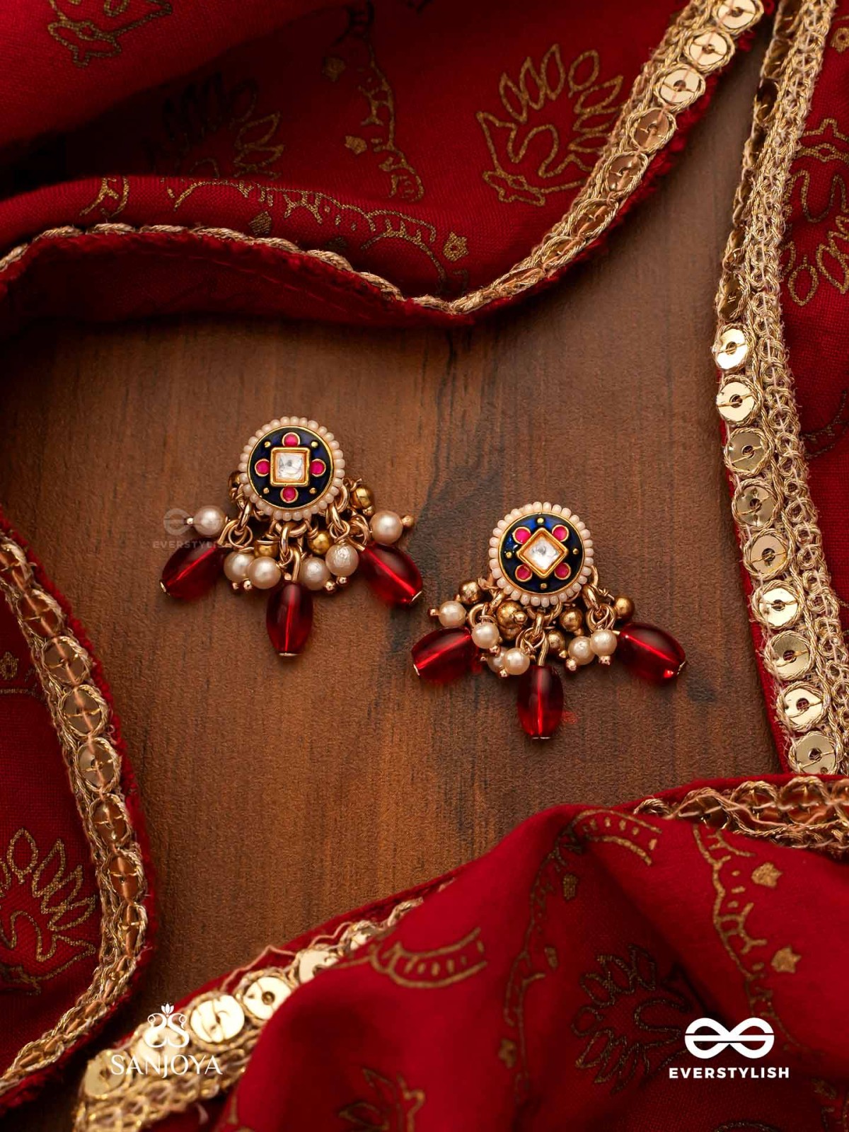 RUDRARAGA - MELODY OF RED - INTRICATE KUNDAN EARRINGS  WITH RUBY BEADS AND GOLDEN DETAILS