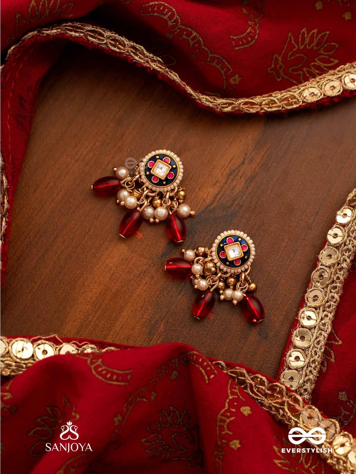 RUDRARAGA - MELODY OF RED - INTRICATE KUNDAN EARRINGS  WITH RUBY BEADS AND GOLDEN DETAILS