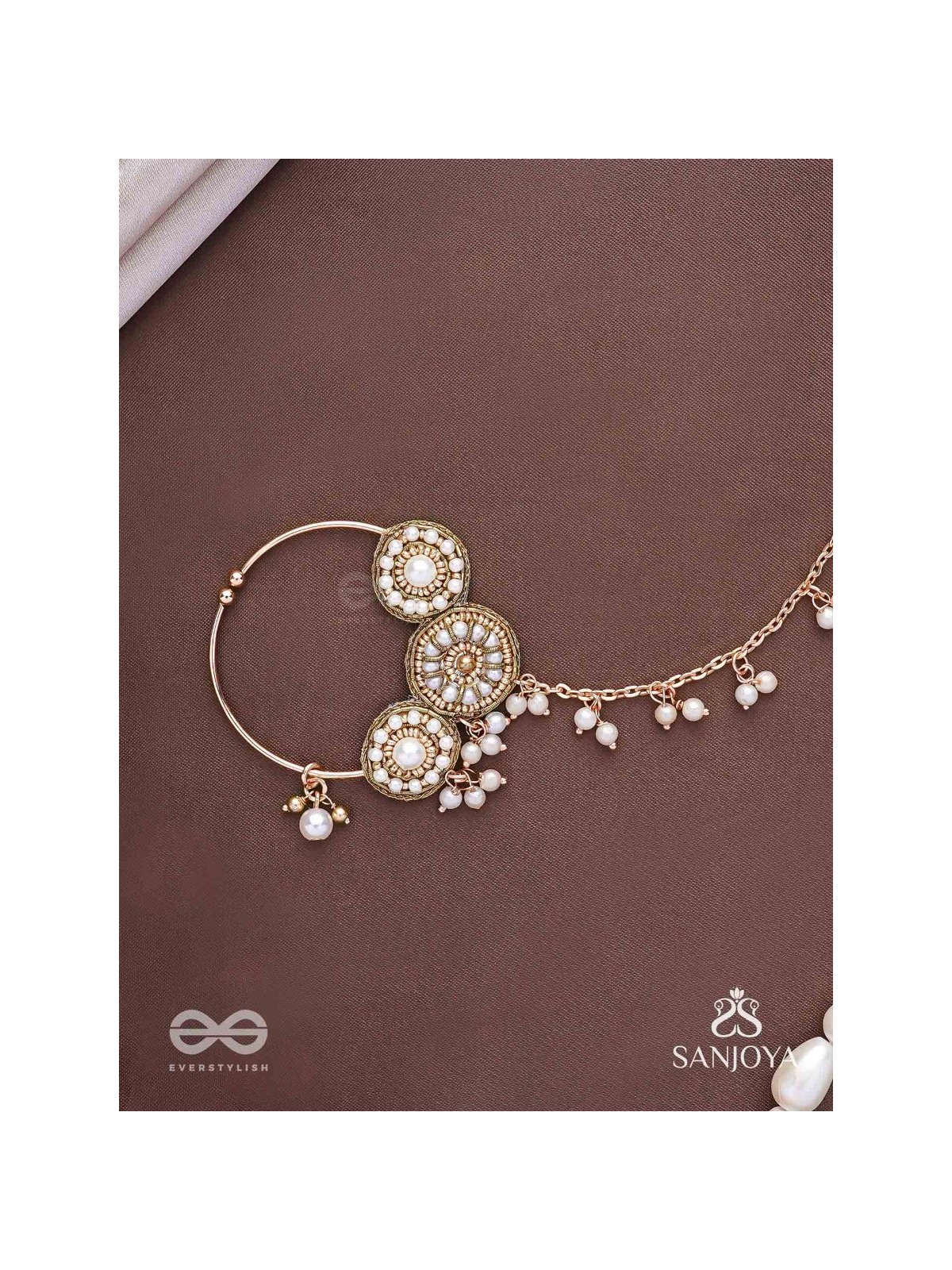 Haimavat - The Pearl Trail - Pearls And Beads Hand Embroidered Nath (Non-Piercing)