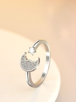 Stars and crescent moon adjustable ring in silver