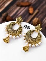 The Golden Motif Pearl Jhumkis - Oxidised Boho Earrings