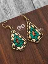 A Handcrafted Delight - Golden Turquoise Tribal Style Earrings