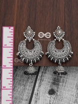 The Motif Moon Pearled Jhumkis(Silver-Black) - Oxidised Boho Earrings