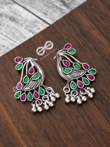 The Vintage Bird Artwork Studs(Ruby-Emerald) - Embellished Oxidised Collection