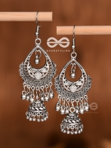 The Droplet Artwork Jhumkis - Oxidised Boho Earrings