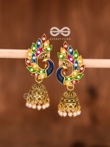 The Little Meenakari Artwork Peacock Jhumkis (Golden)