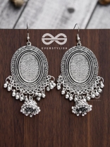 The Motif Mirror Frame Jhumkis - Oxidised Boho Earrings