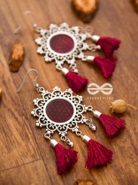 The Enamelled Tasselled Sun (Burgundy) - Oxidised Boho Earrings