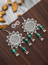 The Turquoise Meshed Sun - Oxidised Boho Earrings