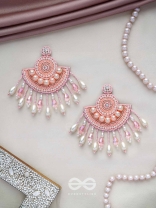 SURAMYA- THE PICTURESQUE CRESCENT- SEQUINS, GLASS BEADS AND STONE EMBROIDERED EARRINGS (SALMON PINK)