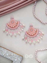 SURAMYA- THE PICTURESQUE CRESCENT- SEQUINS, GLASS BEADS AND STONE EMBROIDERED EARRINGS (SALMON PINK)
