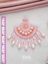 SURAMYA- THE PICTURESQUE CRESCENT- SEQUINS, GLASS BEADS AND STONE EMBROIDERED EARRINGS (SALMON PINK)