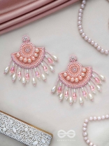 SURAMYA- THE PICTURESQUE CRESCENT- SEQUINS, GLASS BEADS AND STONE EMBROIDERED EARRINGS (SALMON PINK)