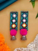 VARNAD- THE COLORFUL- BEADS AND MIRRORS EMBROIDERED EARRINGS (Parakeet Green, Ebony & Fuchsia Pink)