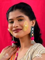 VARNAD- THE COLORFUL- BEADS AND MIRRORS EMBROIDERED EARRINGS (Parakeet Green, Ebony & Fuchsia Pink)