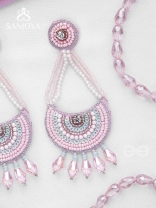 Utksiptika - The Glorious Crescent - Beads, Sequins And Glass Drops Hand Embroidered Earrings (Blush Pink & Mint Green)