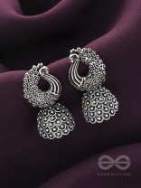 The Twirling Peacock- Oxidised Jhumka Earrings