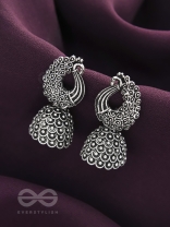 The Twirling Peacock- Oxidised Jhumka Earrings