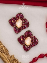 Raagana- The Crimson Bloom- Stones Embroidered Stud Earrings