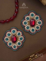 Stibhi - Treasures Of Ruby - Dabka, Stone And Beads Hand Embroidered Earrings