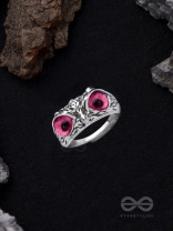 A KNOW-IT-OWL - PINK EYED SILVER RING