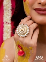 MOTISHOBHINI - THE PEARL RADIANCE - PEARLS AND BEADS EMBROIDERED RING (WHITE & GOLDEN)
