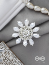 Tejovat - Glimmering White Brilliance - Stone, Beads And Glass Drops Hand Embroidered Ring (Adjustable)