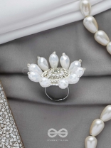 Tejovat - Glimmering White Brilliance - Stone, Beads And Glass Drops Hand Embroidered Ring (Adjustable)