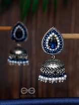 Ratryata - The Midnight Sapphire - Stone And Beads Hand Embroidered Oxidised Jhumka Earrings